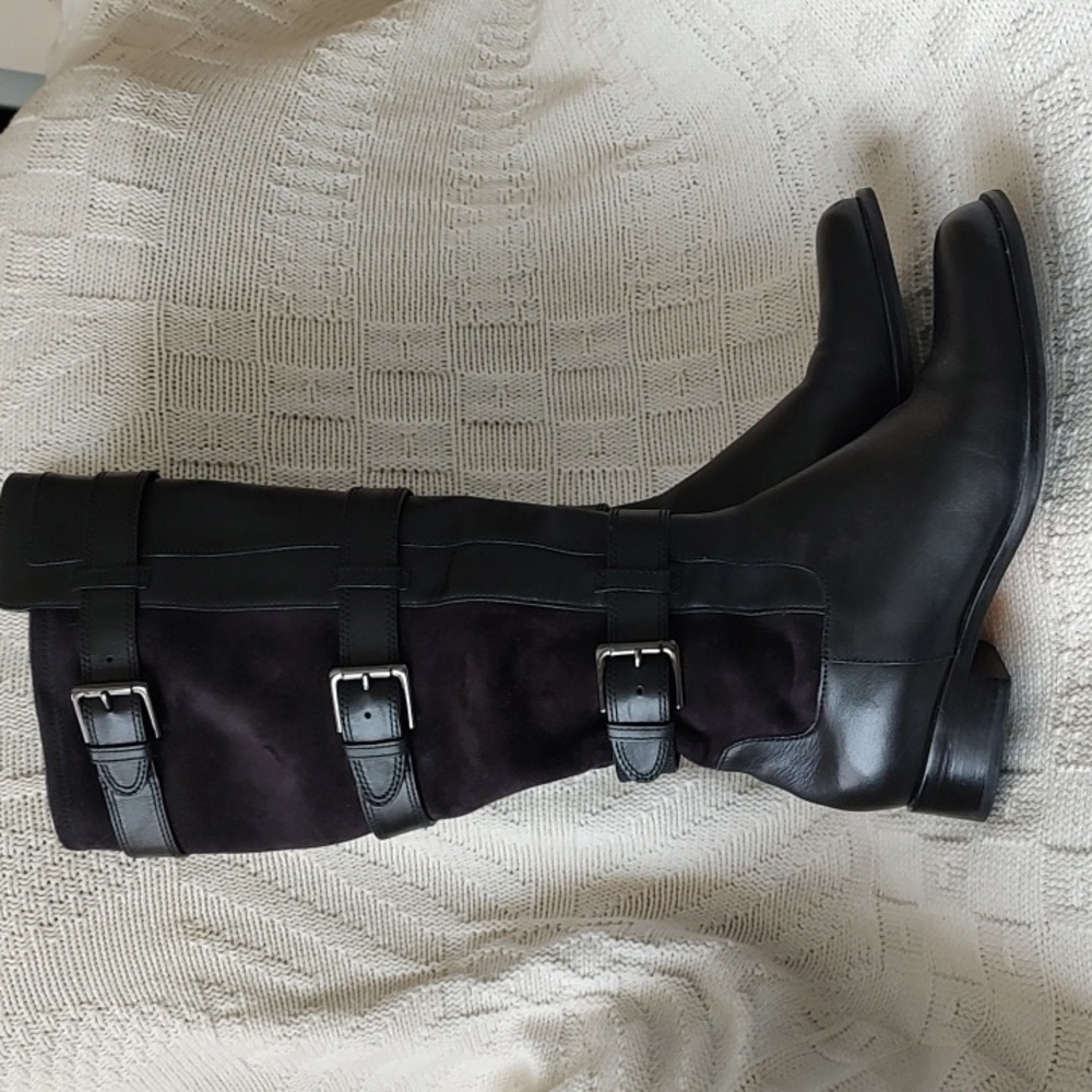 COLE HAAN Air Avalon Buckle Black Leather Suede Pull On Riding Boots - Picture 2 of 8
